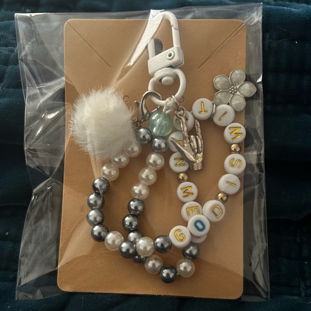 Beaded Keychain Charm with Puffy Pom & “God is Within Me 🩷”